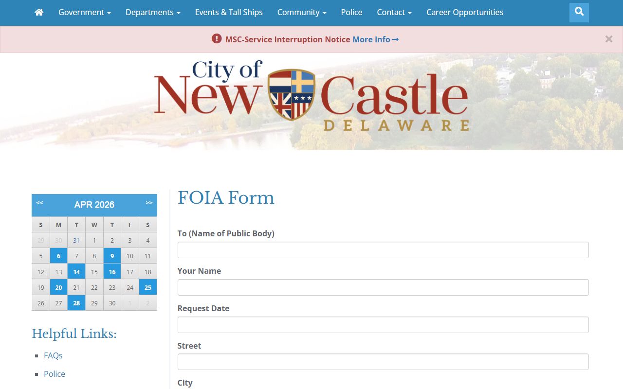 New Castle Criminal Court Records FOIA form page